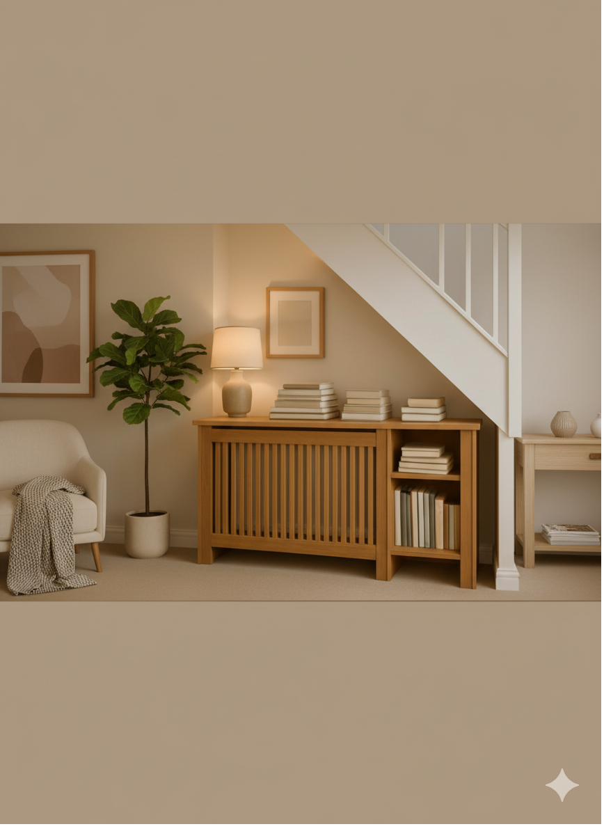 Natural oak radiator cover with integrated open bookcase shelving unit fitted under a staircase