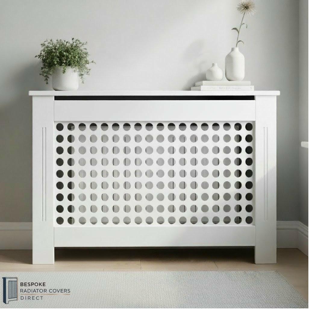 White bespoke radiator cover with a grid of circular cutout holes as the grille pattern