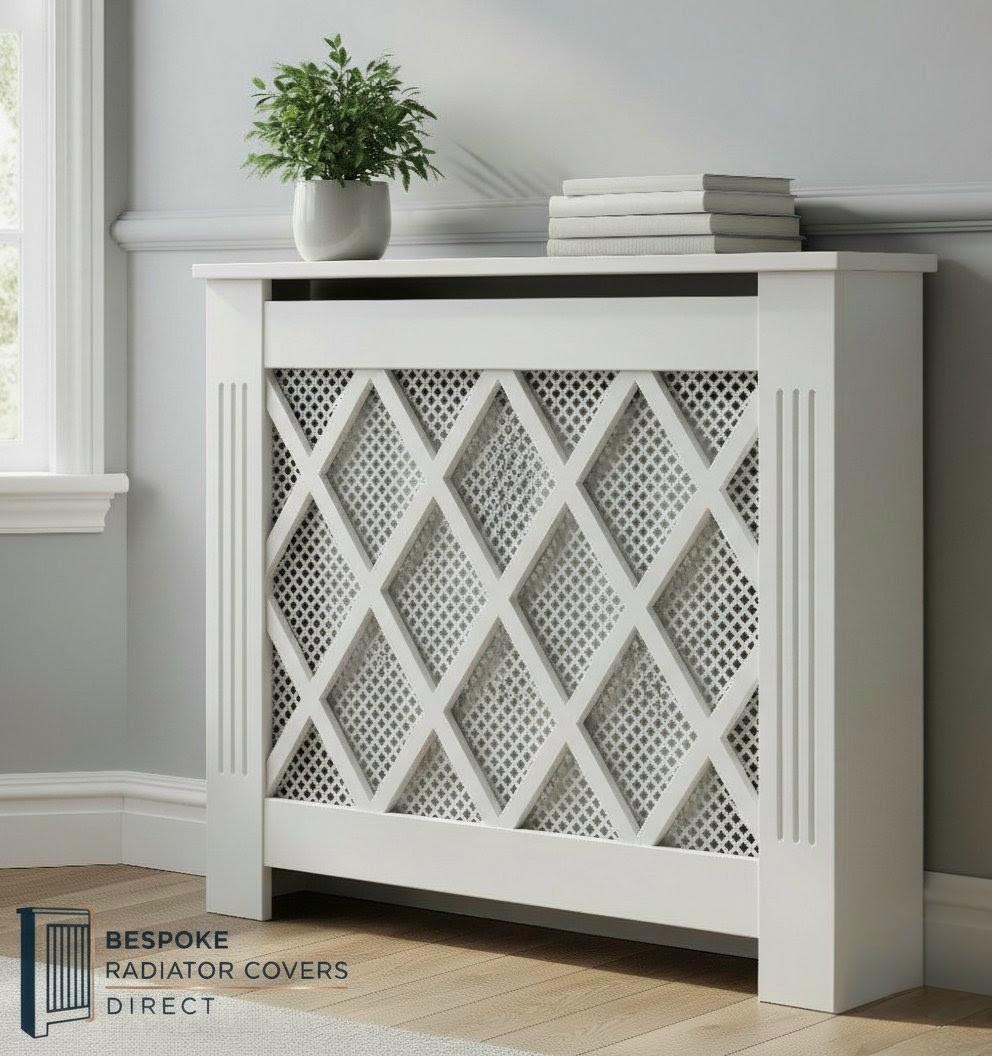 White radiator cover with diamond lattice trellis grille over fine mesh backing and fluted side pilasters