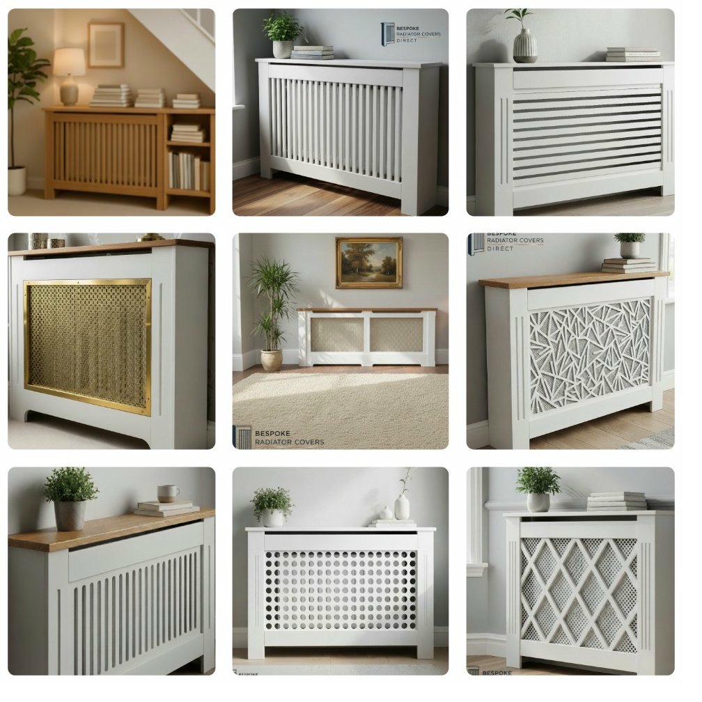 Collage showing all nine bespoke radiator cover styles available from Bespoke Radiator Covers Direct