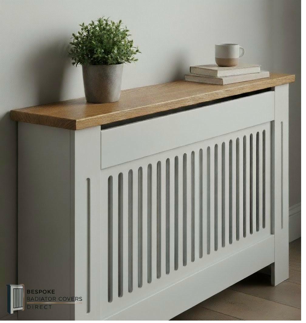 Bespoke radiator cover with solid oak top and painted grey body with rounded vertical slats