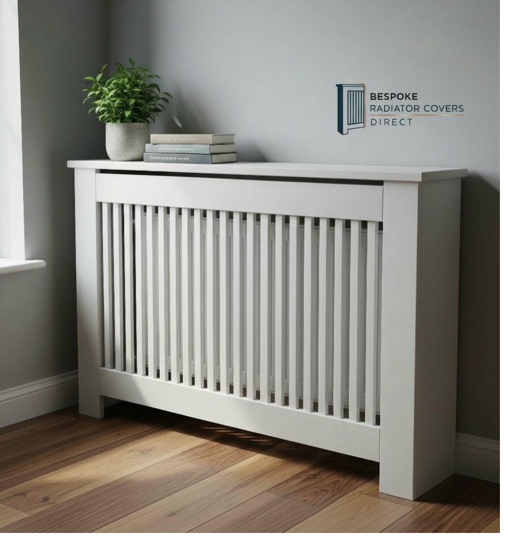 Classic white vertical slat bespoke radiator cover in a grey living room with wooden floor