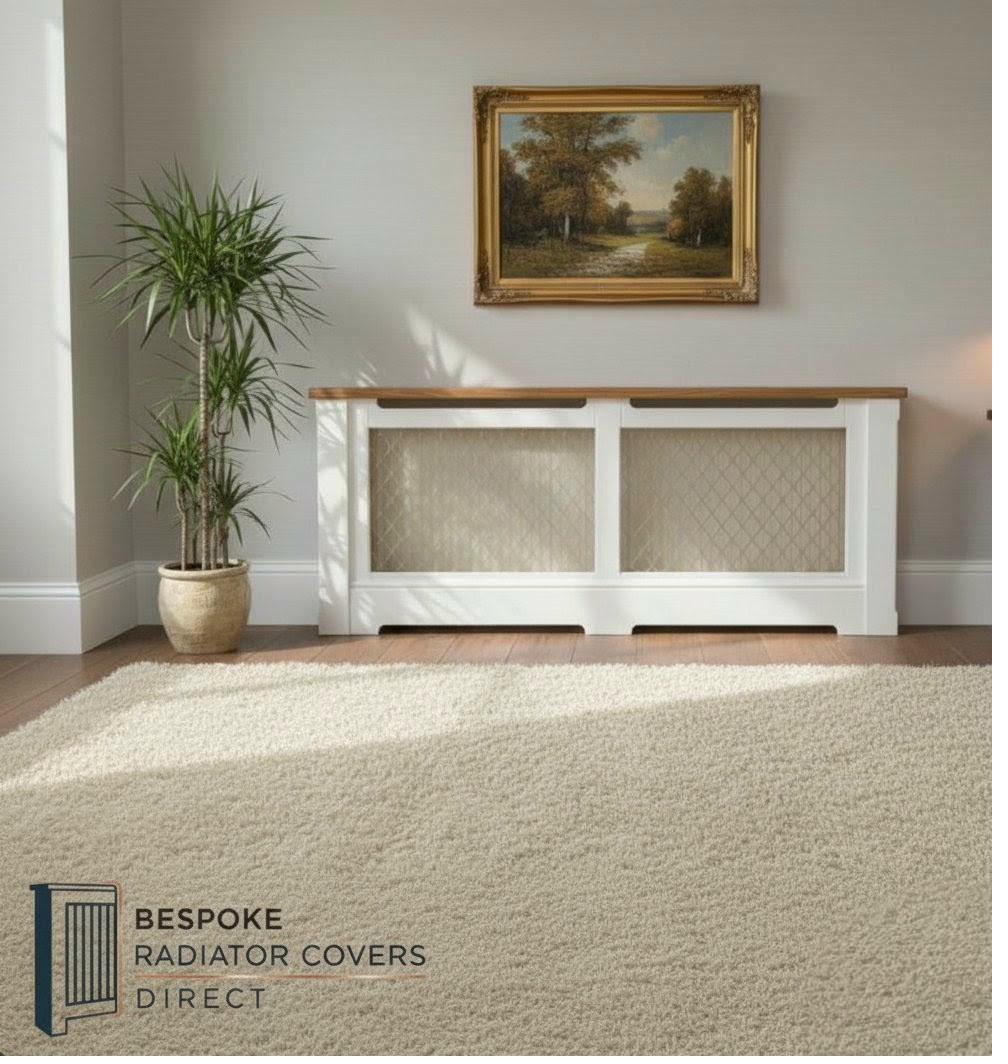 Extra wide white bespoke radiator cover with fabric wire mesh panel inserts and oak shelf top in a classic lounge